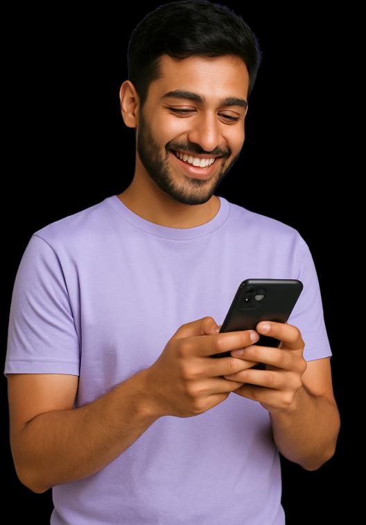 Smiling person looking at their phone